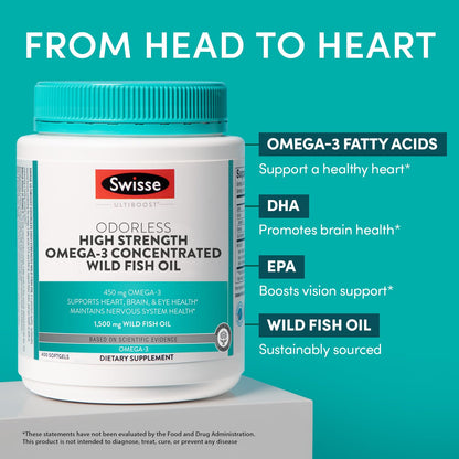 Swisse Wild Fish Oil Omega-3 1500 mg Softgels – Odorless EPA DHA for Heart, Brain & Eye Health | 400 Softgels