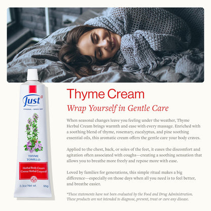 SwissJust Thyme Cream 96g – Massage Cream with Camphor & Essential Oils