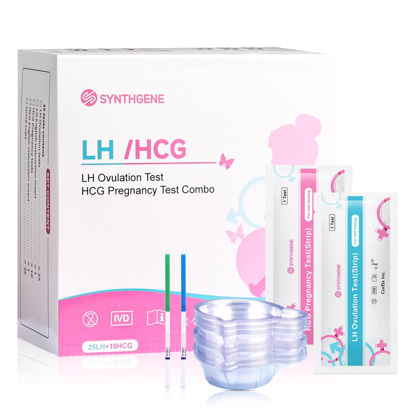 SYNTHGENE Ovulation Test Strips - LH 40, HCG 15 | 40 Ovulation Tests, 15 Pregnancy Tests, 55 Urine Cups