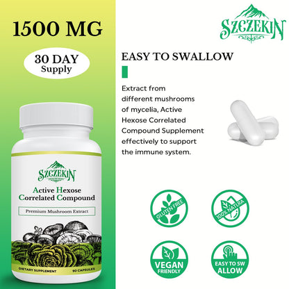 SZCZEKIN Active Hexose Correlated Compound 1500 mg - 8 Mushroom Extract Immune Support, 90 Vegan Capsules