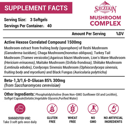 SZCZEKIN 1500mg Liposomal Active Hexose Correlated Compound — 360 Soft Gels, 8-Mushroom Blend + 300mg Beta-Glucans