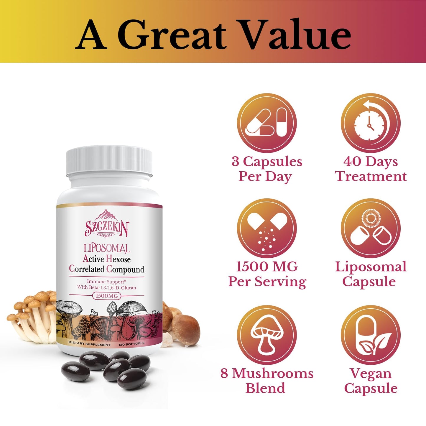 SZCZEKIN 1500mg Liposomal Active Hexose Correlated Compound – Immune Support & Liver Function (480 Soft Gels)