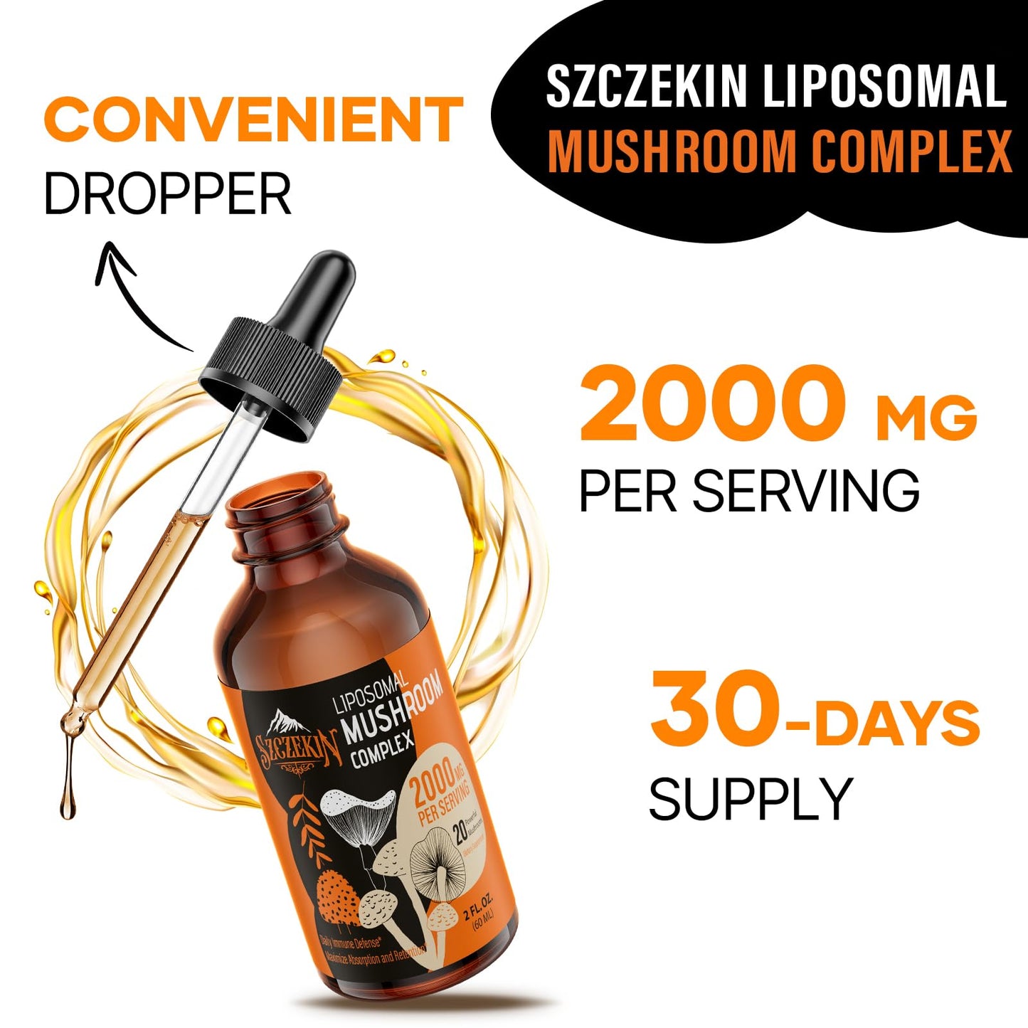 SZCZEKIN Liposomal Mushroom Drops 2000 MG – 20 Organic Extracts for Immunity, Cognition & Memory | 90 Servings