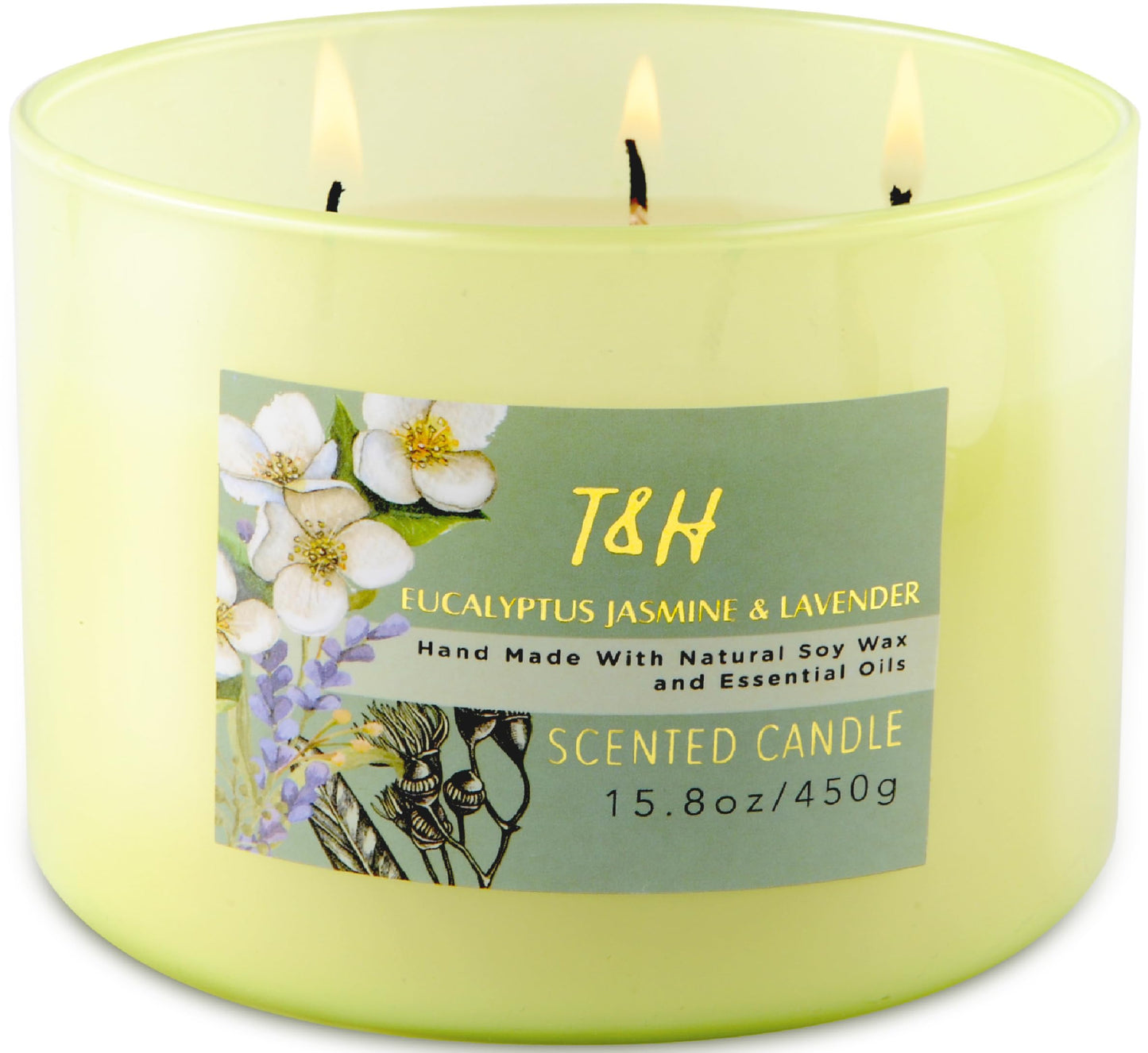 T&H Eucalyptus Jasmine Lavender 3-Wick Soy Candle 15.8 oz | Long-Lasting Clean Burn