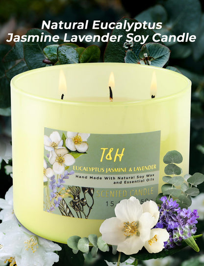 T&H Eucalyptus Jasmine Lavender 3-Wick Soy Candle 15.8 oz | Long-Lasting Clean Burn