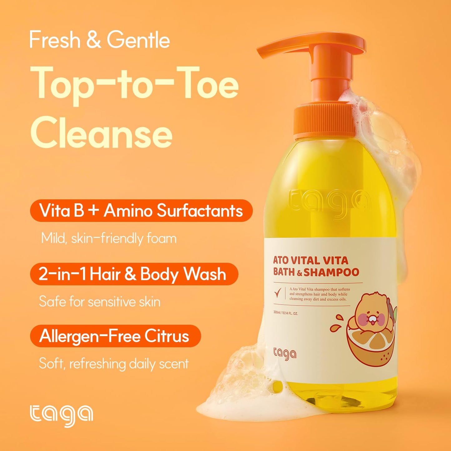 TAGA ATO Vital Vita Kids Bath & Shampoo 300 ml – Vegan, Hypoallergenic 2-in-1 Cleanser