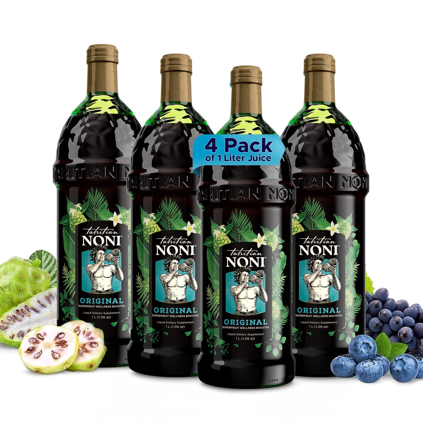Tahitian Noni Juice by Morinda – Pure Noni with Blueberry & Grape Extracts – 4 Pack 1L