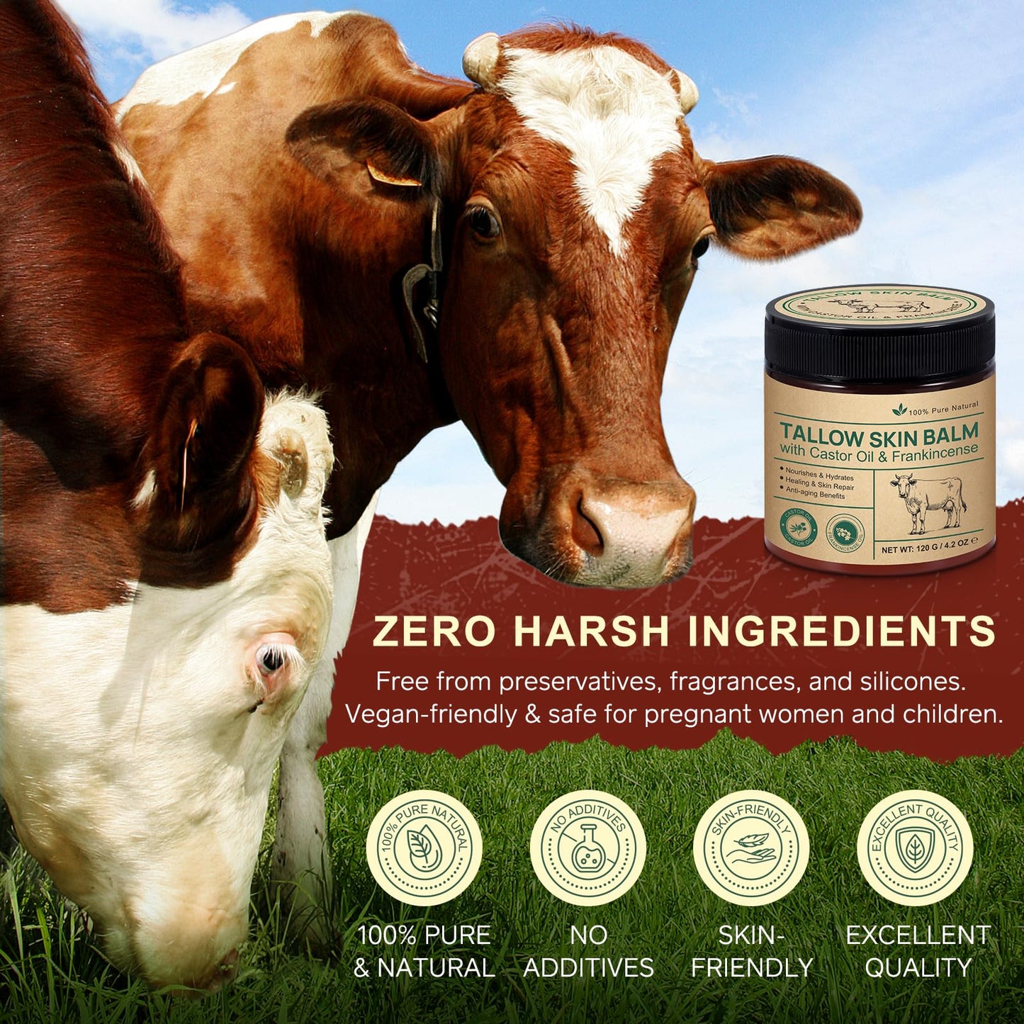 Tallow Frankincense Balm – Grass-Fed Beef Tallow + Castor Oil & Frankincense (4.2 oz)