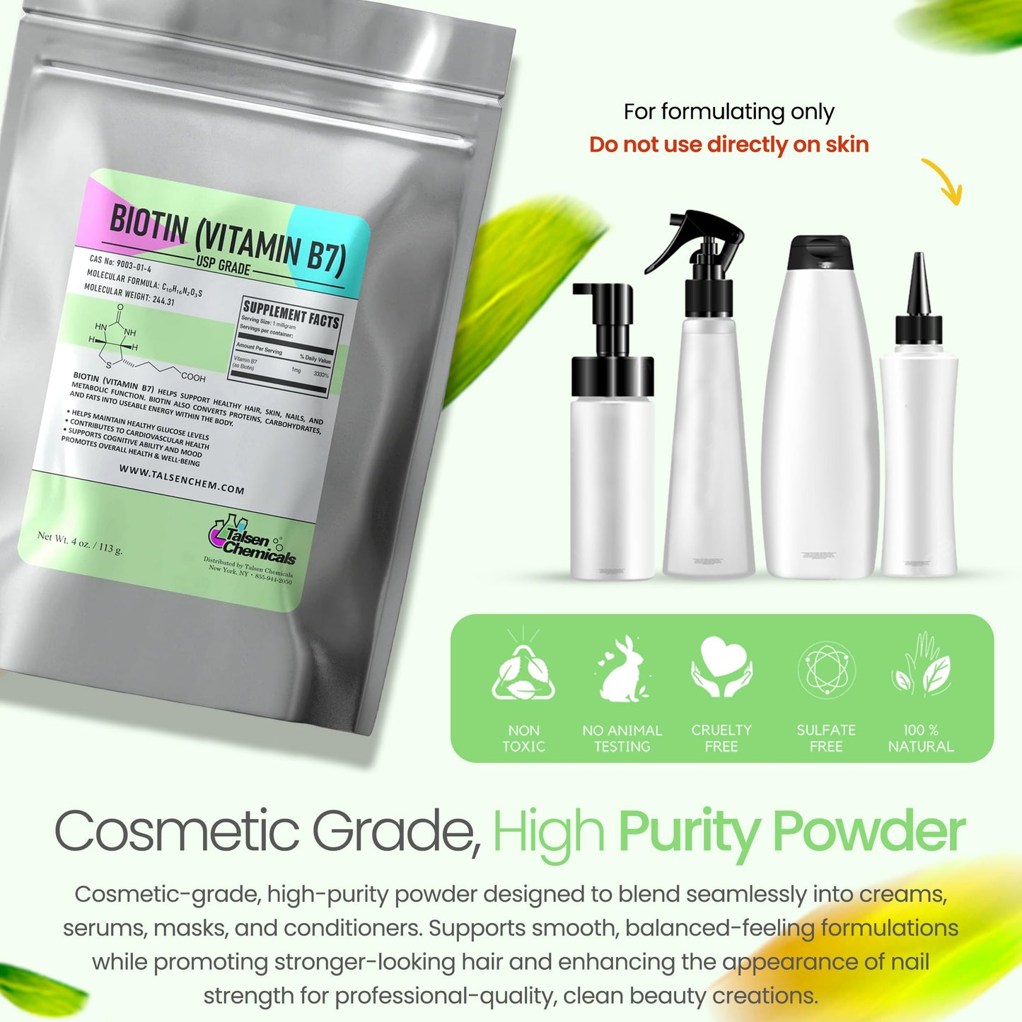 Biotin (Vitamin B7) Powder – Talsen Chemicals | Hair, Skin & Nail Health, Non-GMO, Gluten-Free, 4 oz
