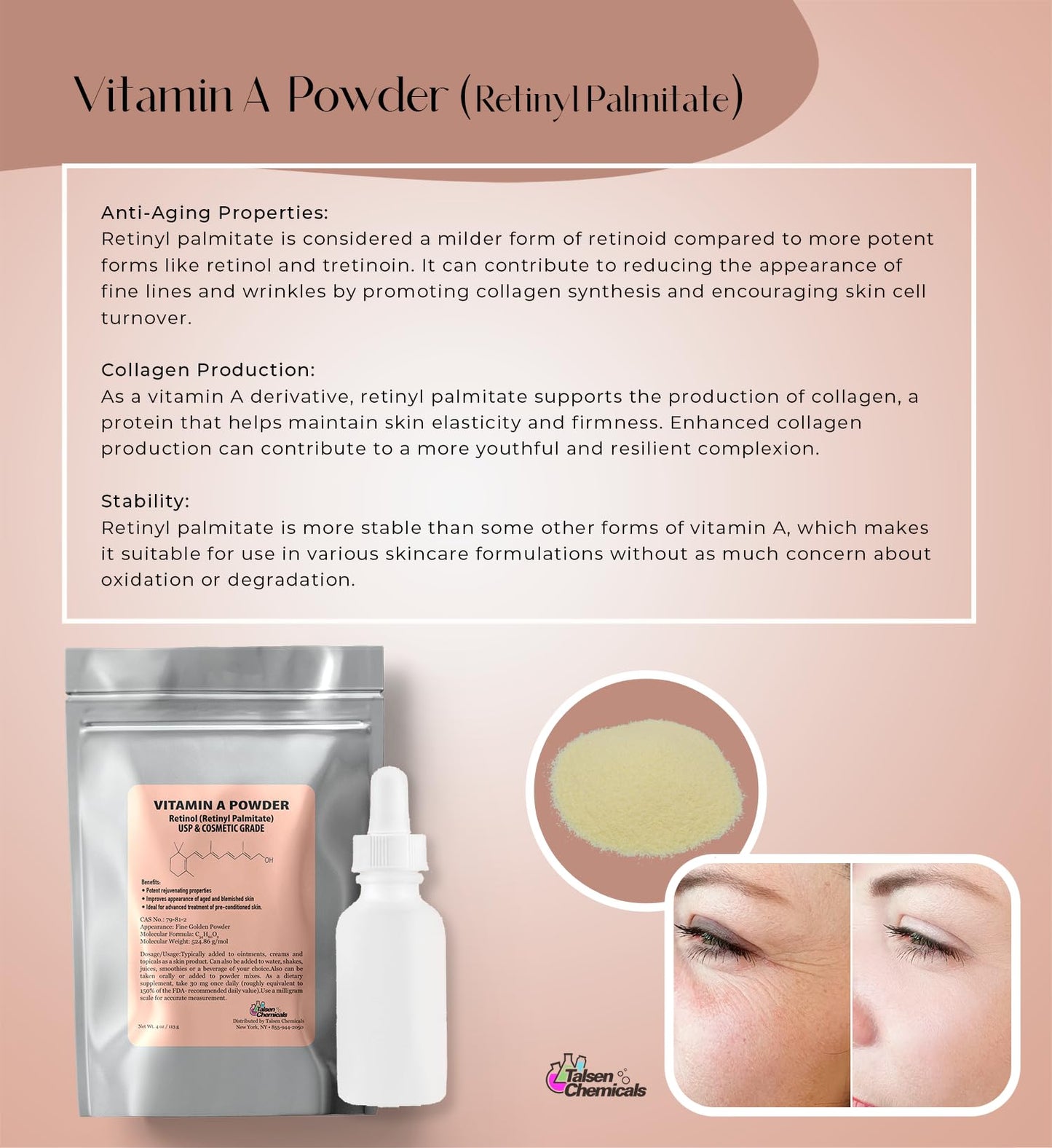 Vitamin A Powder – Retinyl Palmitate & Retinol (1 oz / 28 g) USP & Cosmetic Grade | Talsen