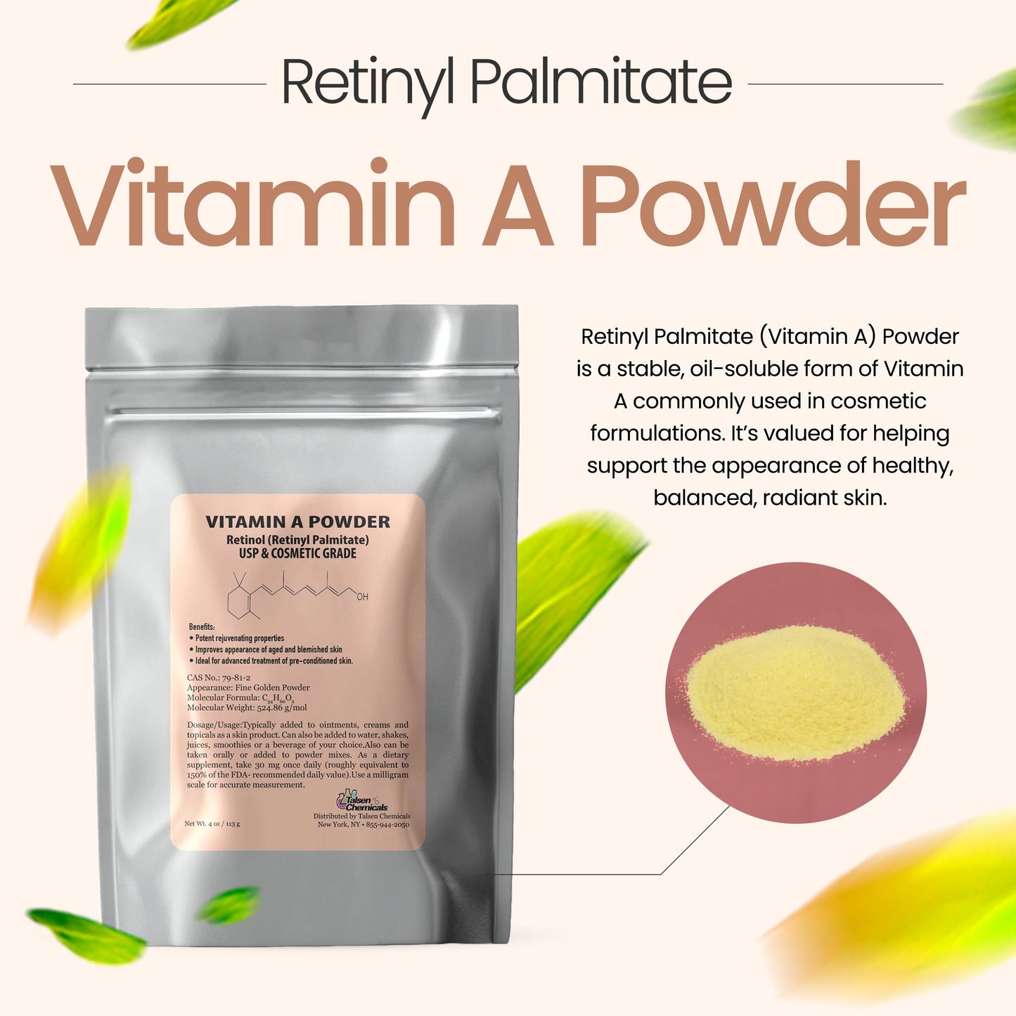Vitamin A Powder – Retinyl Palmitate & Retinol (1 oz / 28 g) USP & Cosmetic Grade | Talsen