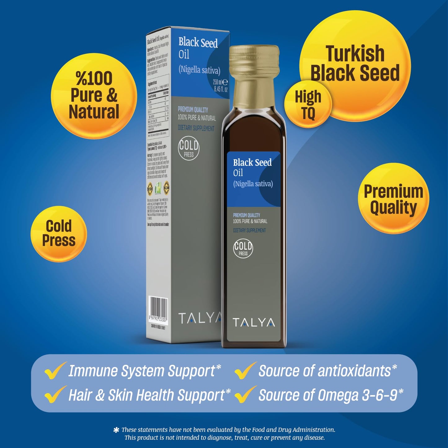 TALYA Black Seed Oil 8.45 fl oz (250 ml) – Cold Pressed Turkish Black Seed Oil – Immune Support