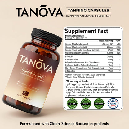 Tanova Tanning Pills – Natural Golden Glow, Skin Resilience & Anti-Aging Support – 60 Capsules