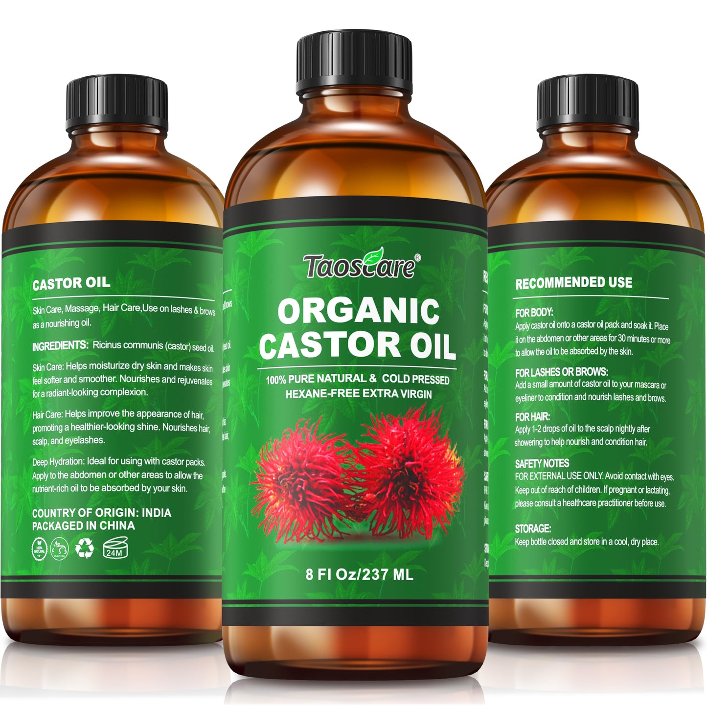 Taoscare 2 Pack Castor Oil – Organic Cold-Pressed, Unrefined with Pumps | 8 FL OZ x 2 for Hair, Skin, Lashes & Brows