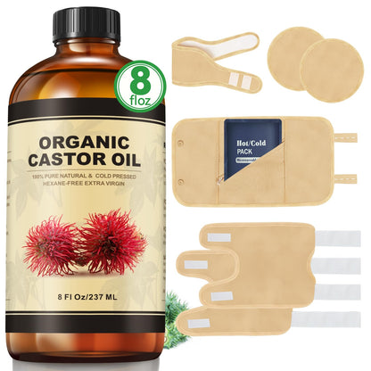 Taoscare Castor Oil Pack Wrap – 8oz Cold-Pressed Organic Castor Oil, Reusable Cotton Compressors (Gifts for Women)