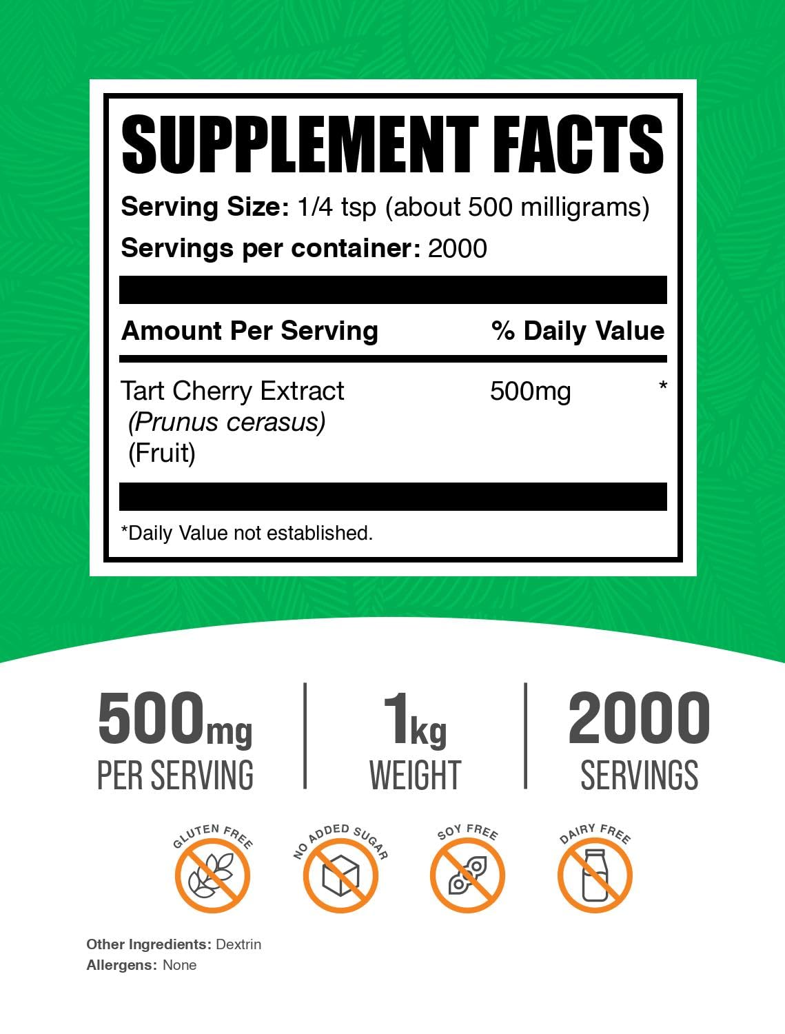 BulkSupplements Tart Cherry Extract Powder – 500 mg per Serving, 1 kg – Gluten Free