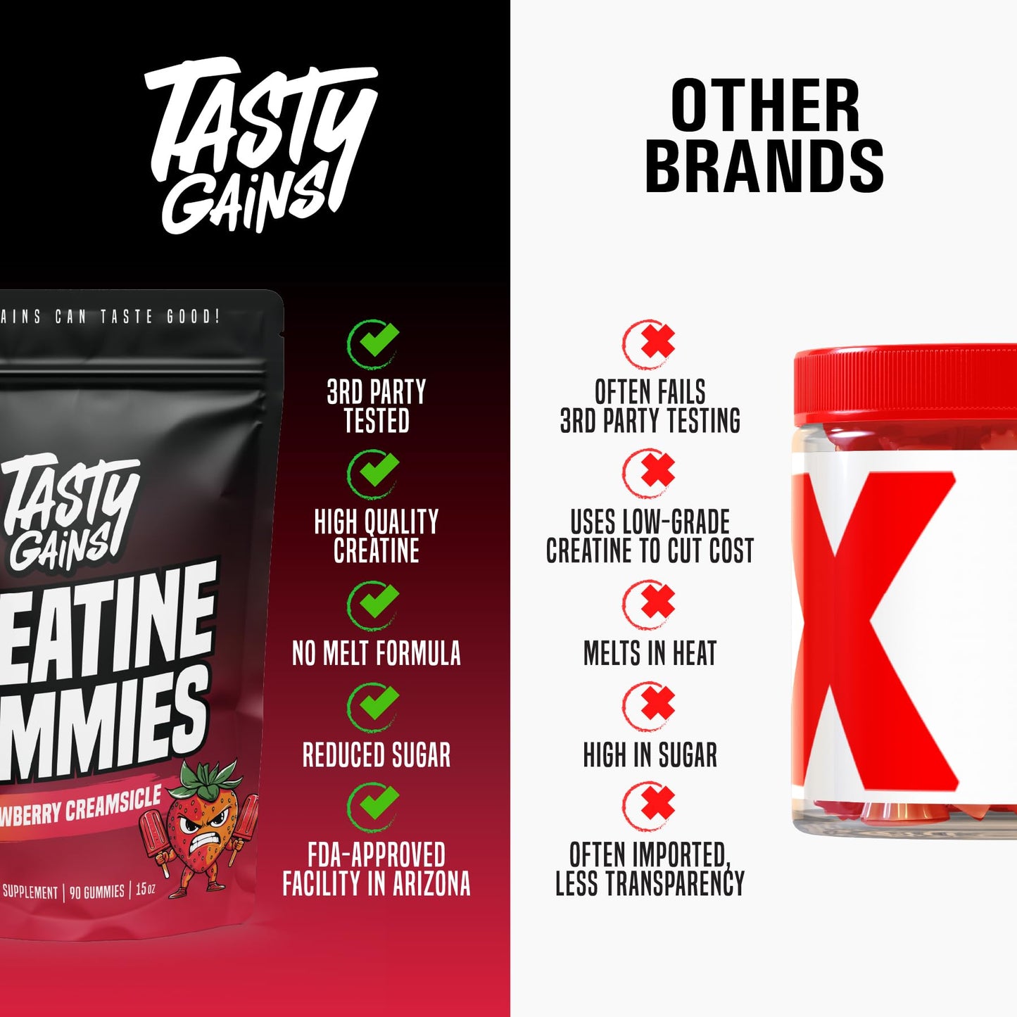 TASTY GAINS Creatine Gummies – 90g, 1g Monohydrate per Gummy, Made in USA