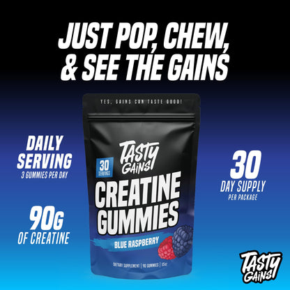 TASTY GAINS Creatine Gummies – 90g Creatine Monohydrate, Muscle Support, Vegan, Made in USA (Blue Raspberry)