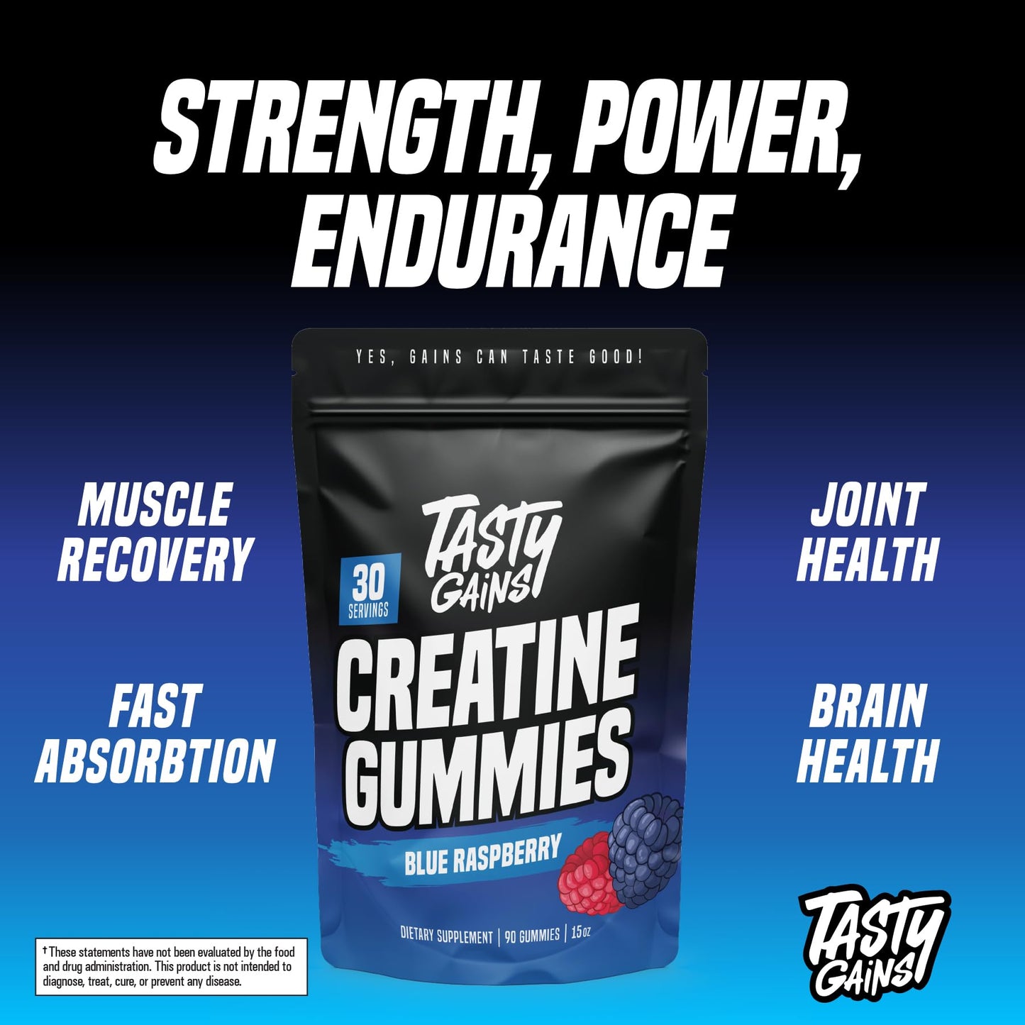 TASTY GAINS Creatine Gummies – 90g Creatine Monohydrate, Muscle Support, Vegan, Made in USA (Blue Raspberry)