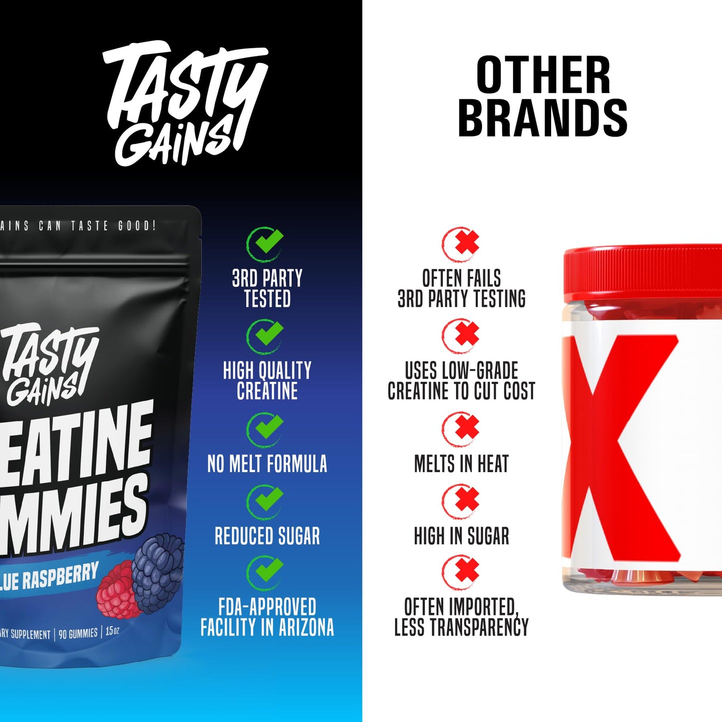 TASTY GAINS Creatine Gummies – 90g Creatine Monohydrate, Muscle Support, Vegan, Made in USA (Blue Raspberry)