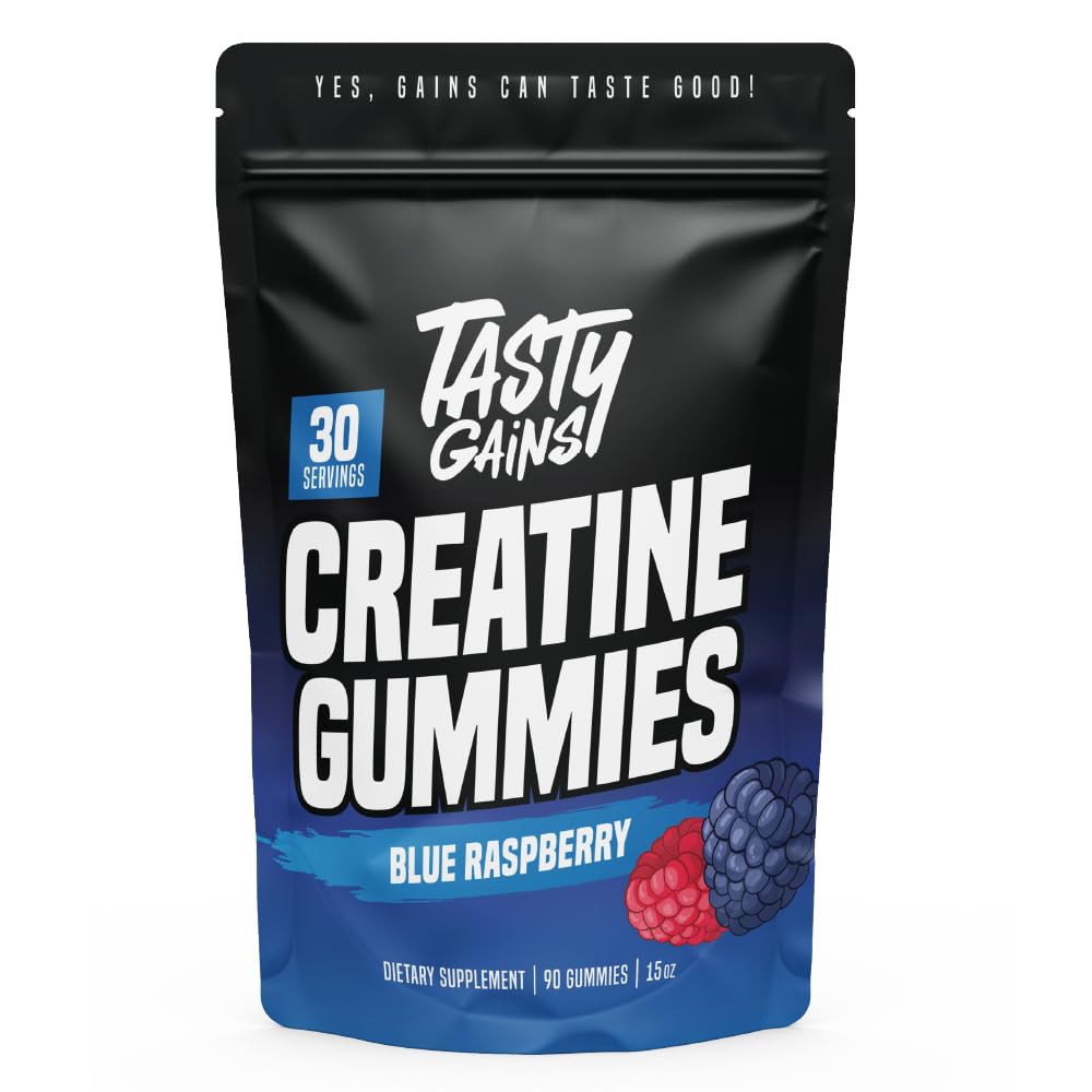 TASTY GAINS Creatine Gummies – 90g Creatine Monohydrate, Muscle Support, Vegan, Made in USA (Blue Raspberry)