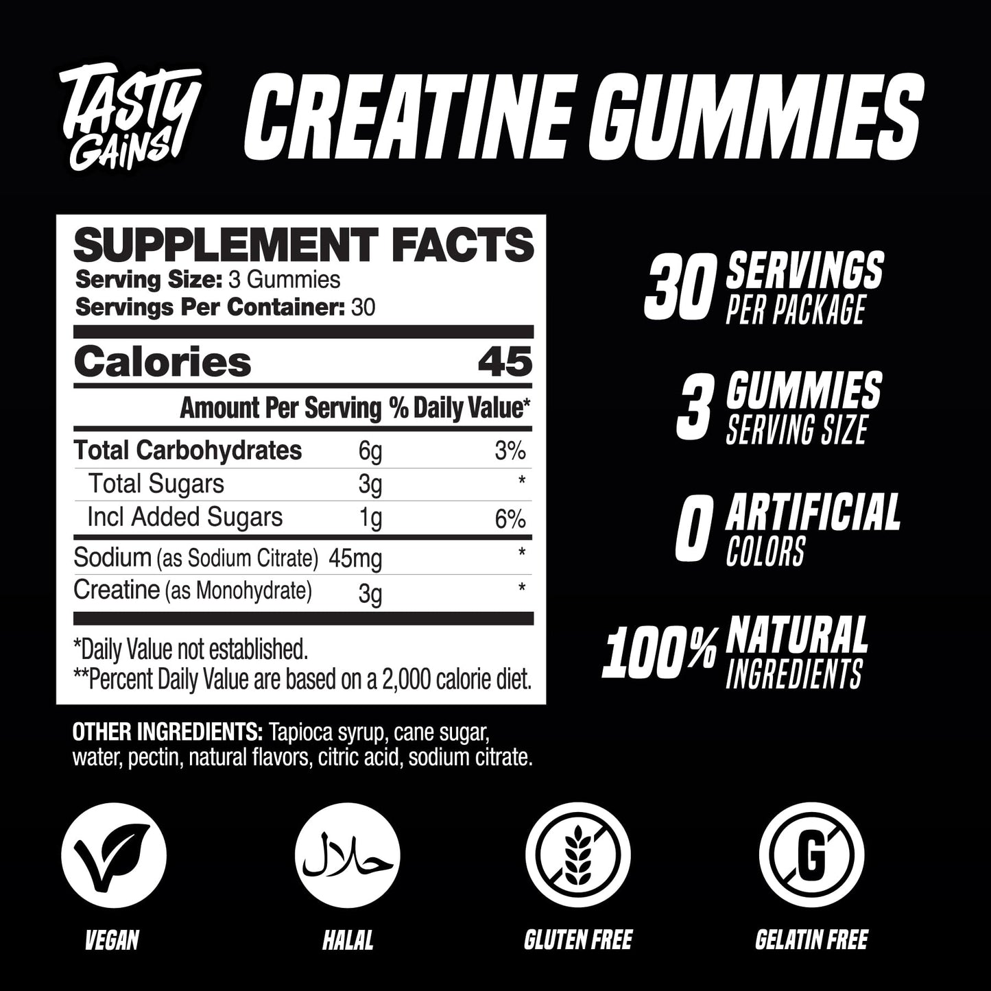 TASTY GAINS Creatine Gummies – 90g Creatine Monohydrate, Muscle Support, Vegan, Made in USA (Blue Raspberry)