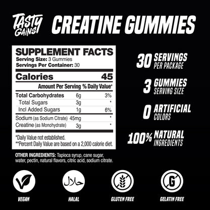 TASTY GAINS Creatine Gummies – 90g Creatine Monohydrate, Muscle Support, Vegan, Made in USA (Blue Raspberry)