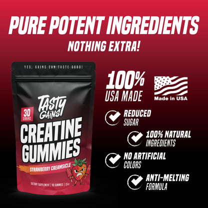 TASTY GAINS Creatine Gummies – 90g, 1g Monohydrate per Gummy, Made in USA