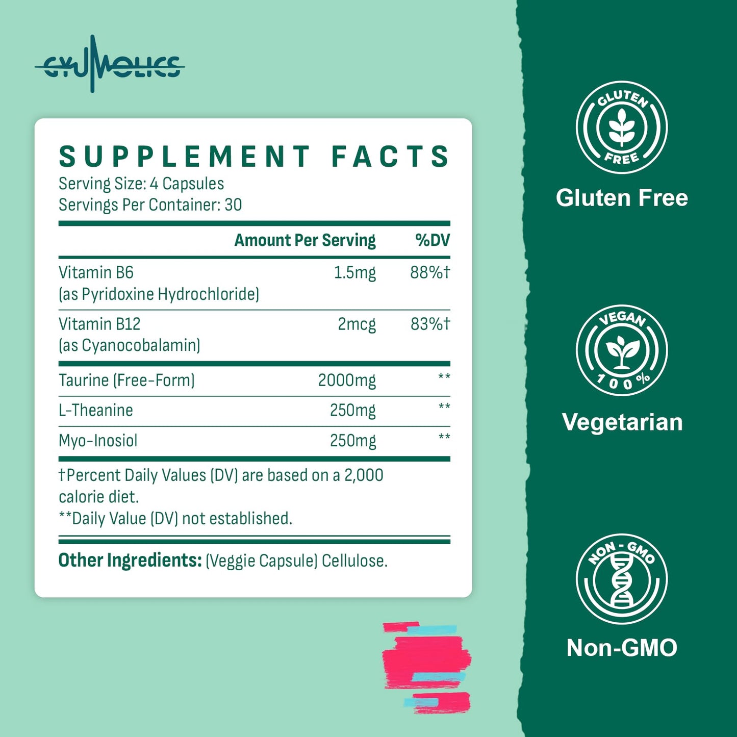 Gyumolics Taurine 2000mg – 5-in-1 Plant-Based Amino Acid Supplement (L-Theanine, Myo-Inositol, B6 & B12)