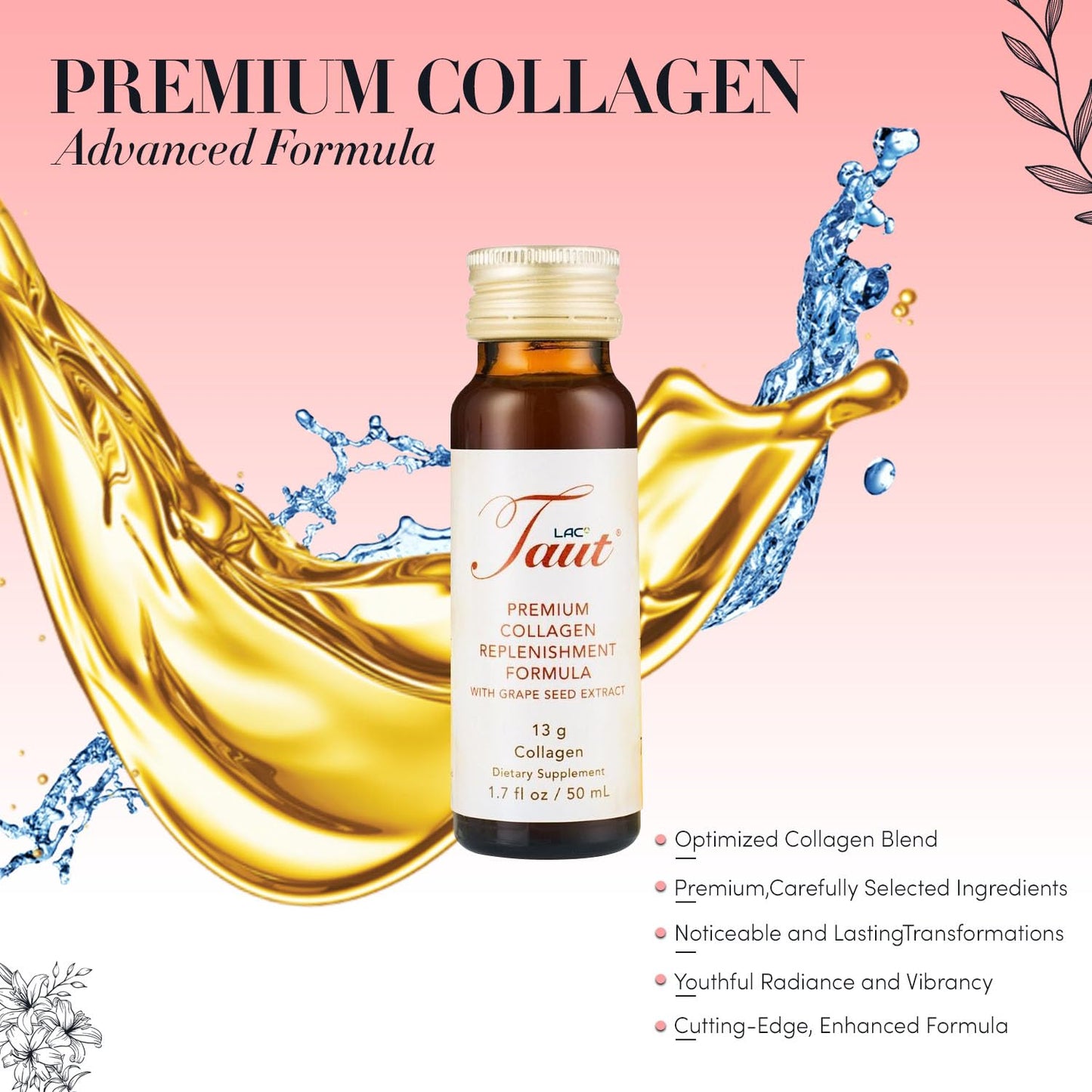 TAUT Liquid Collagen for Women – 13,000mg Marine Collagen + Hyaluronic Acid (8 Bottles)