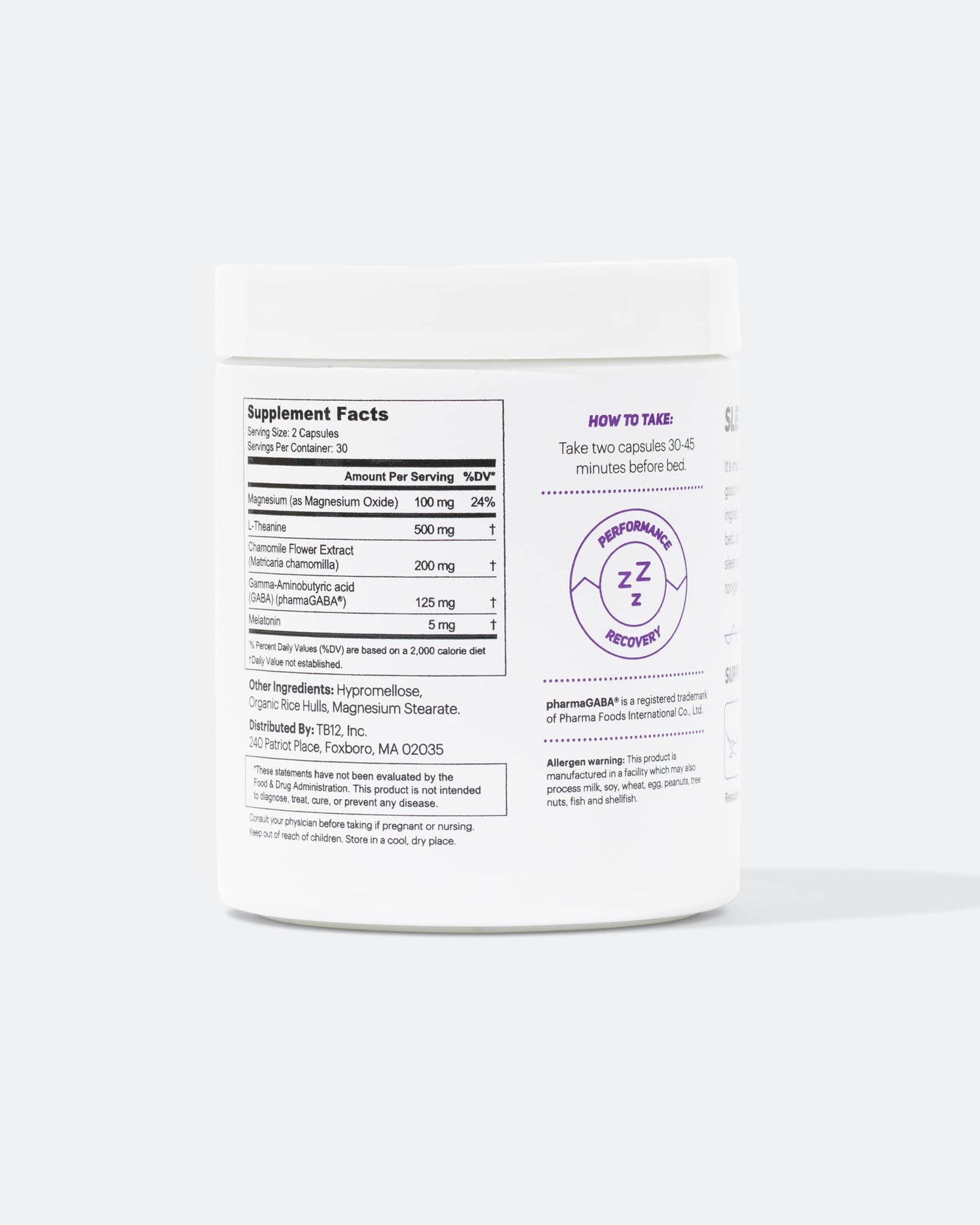 TB12 Sleep - Sleep Support with Magnesium, L-Theanine, Chamomile, GABA & Melatonin