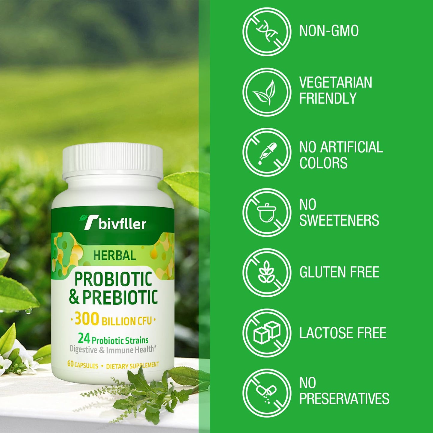 Tbivfller Probiotics for Women & Men — 300B CFU, 24 Strains, 15 Organic Herbs, 4 Month Supply