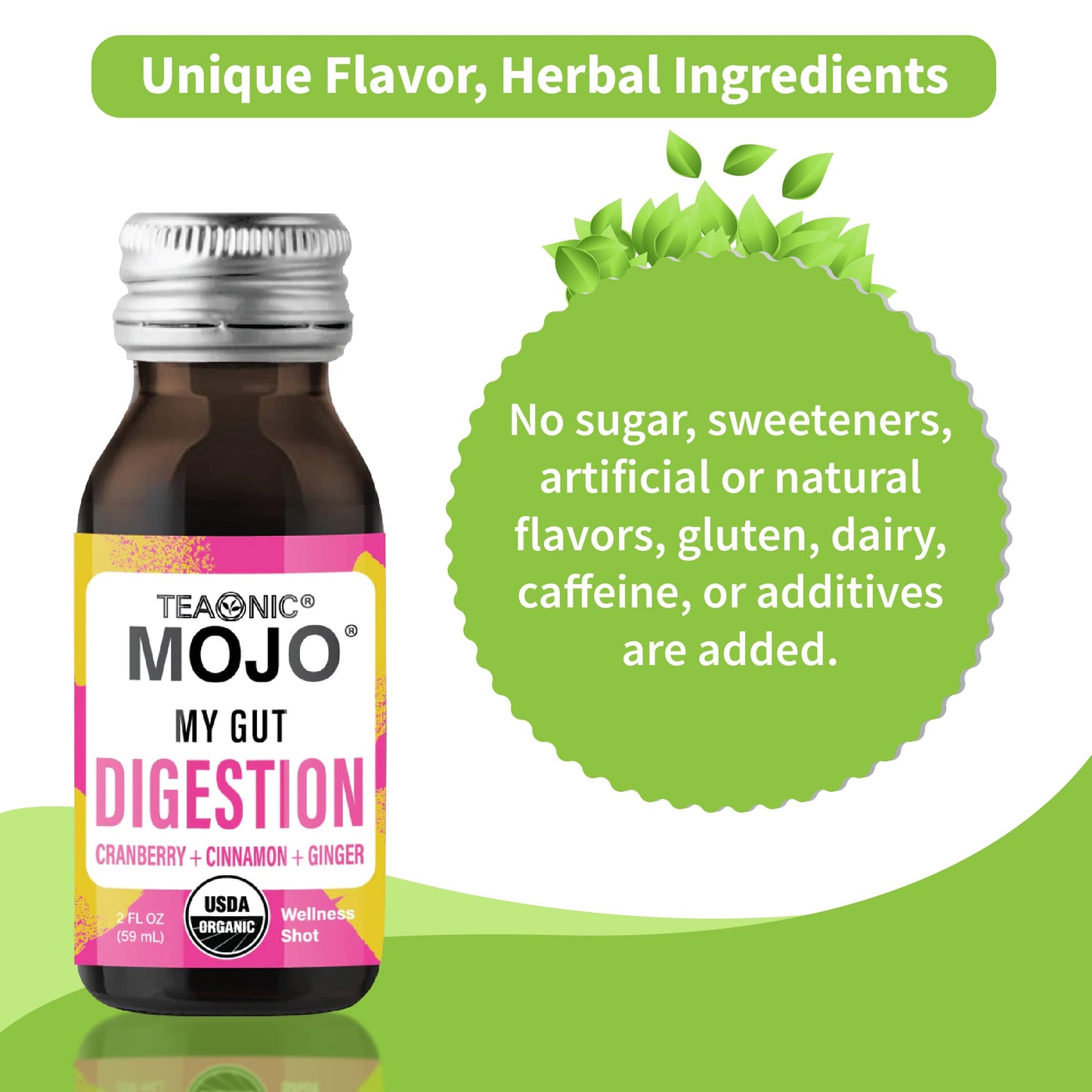 TEAONIC My Gut Mojo: Digestive Detox Drinks – Cranberry, Ginger, Cinnamon | USDA-Certified, Sugar-Free, Caffeine-Free | 12 x 2oz Bottles