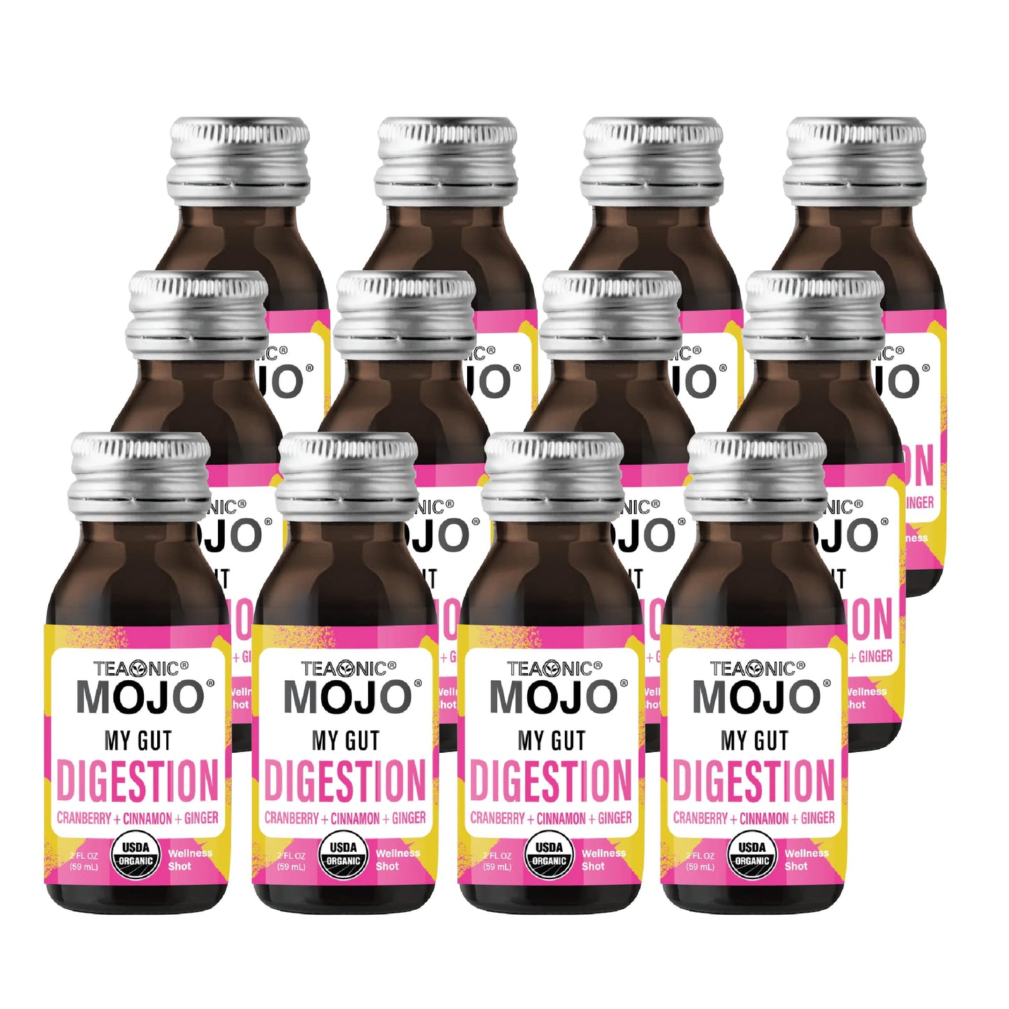 TEAONIC My Gut Mojo: Digestive Detox Drinks – Cranberry, Ginger, Cinnamon | USDA-Certified, Sugar-Free, Caffeine-Free | 12 x 2oz Bottles