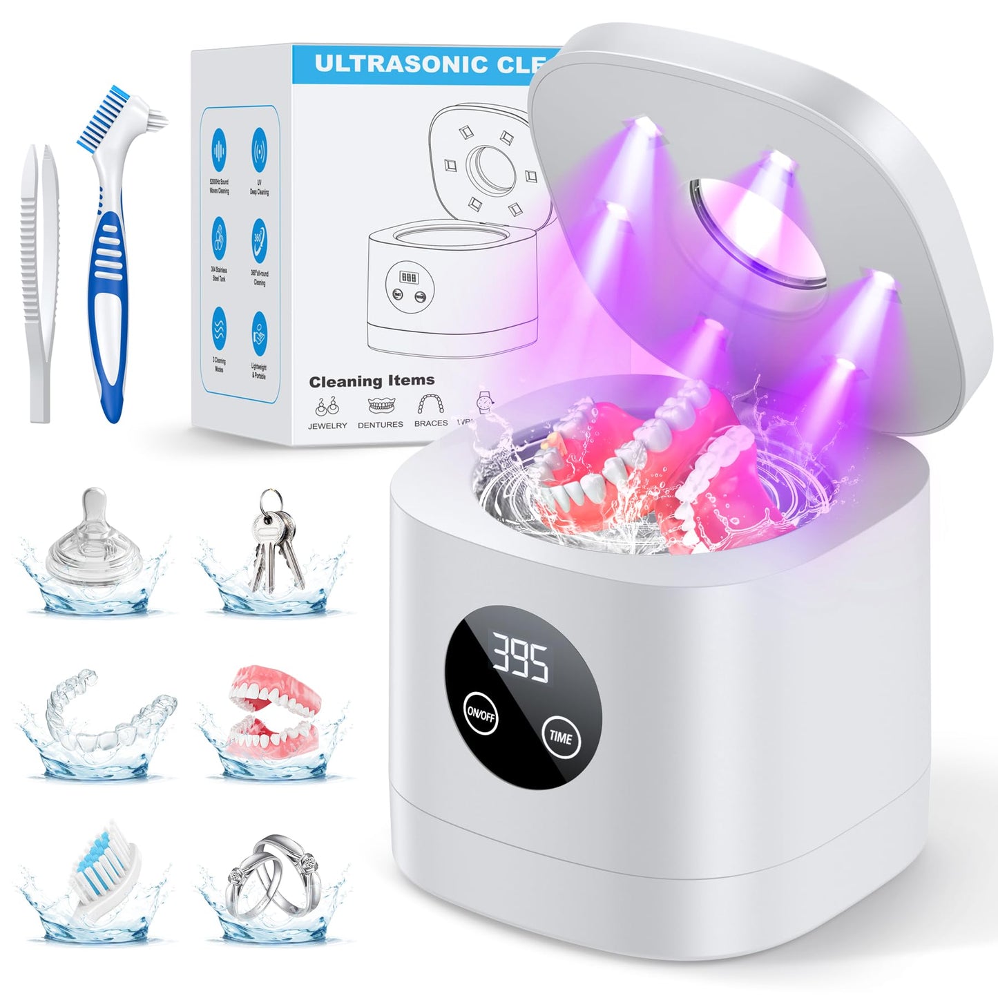 TEBAL Ultrasonic Retainer Cleaner Machine – 52kHz, 250ml, White