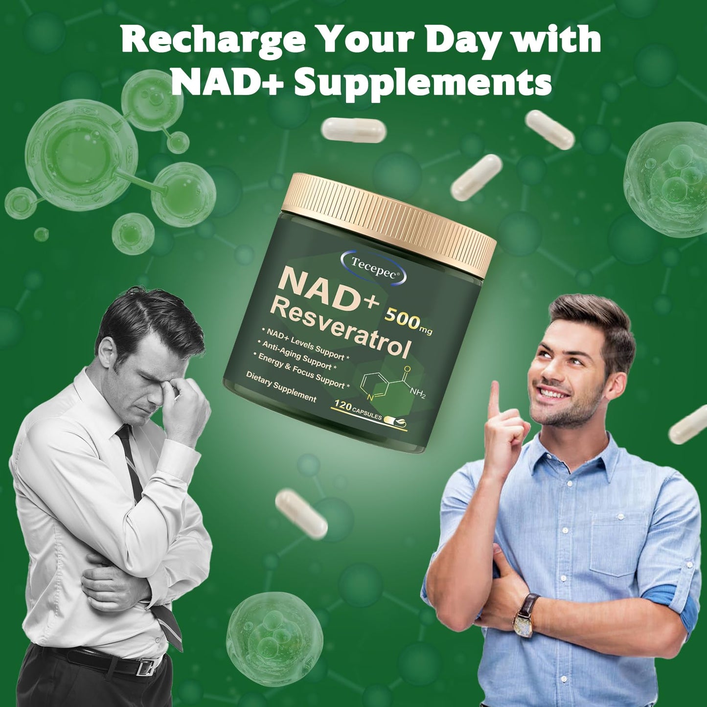 Tecepec NAD+ 650mg Liposomal Supplement with Resveratrol – 120 Vegan Capsules