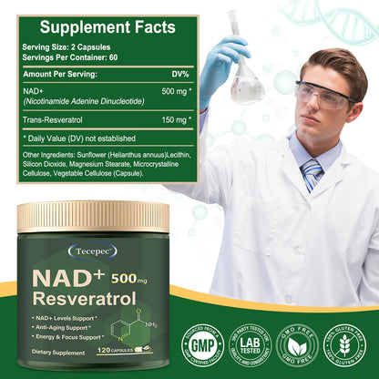 Tecepec NAD+ 650mg Liposomal Supplement with Resveratrol – 120 Vegan Capsules