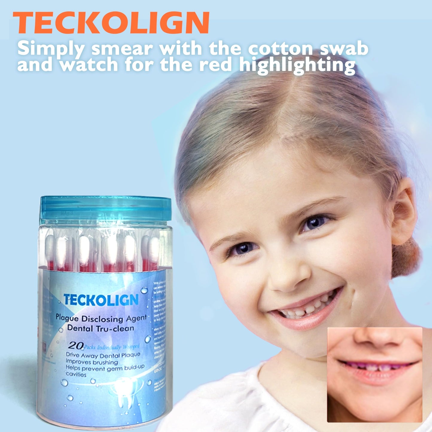 Teckolign Plaque Disclosing Agent – 20 Cotton Swabs for Kids & Adults | Dental Care Kit