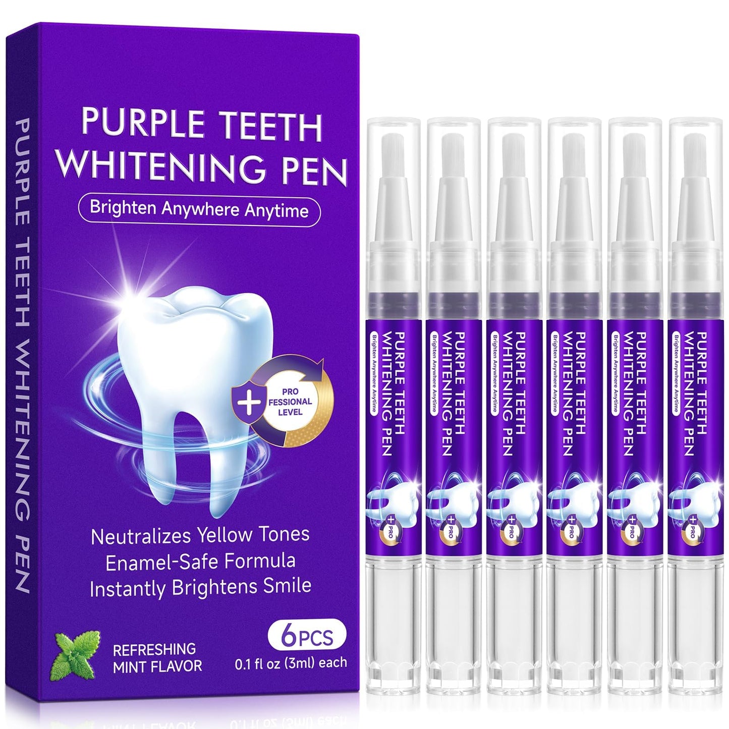 Teeth Whitening Pen 6 Pack—Purple Gel, No-Sensitivity Formula, Mint Fresh Breath