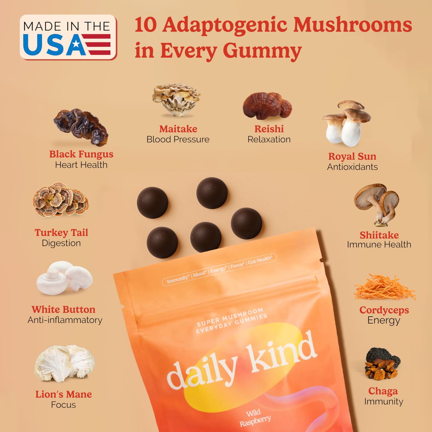 Daily Kind Super Mushroom Gummies – 10-in-1 Adaptogenic Mushroom Supplement (60-Ct) | Immunity, Focus & Gut Health | Vegan & Gluten-Free