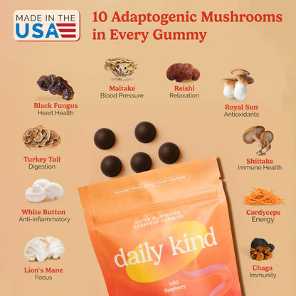 Daily Kind Super Mushroom Gummies – 10-in-1 Adaptogenic Mushroom Supplement (60-Ct) | Immunity, Focus & Gut Health | Vegan & Gluten-Free