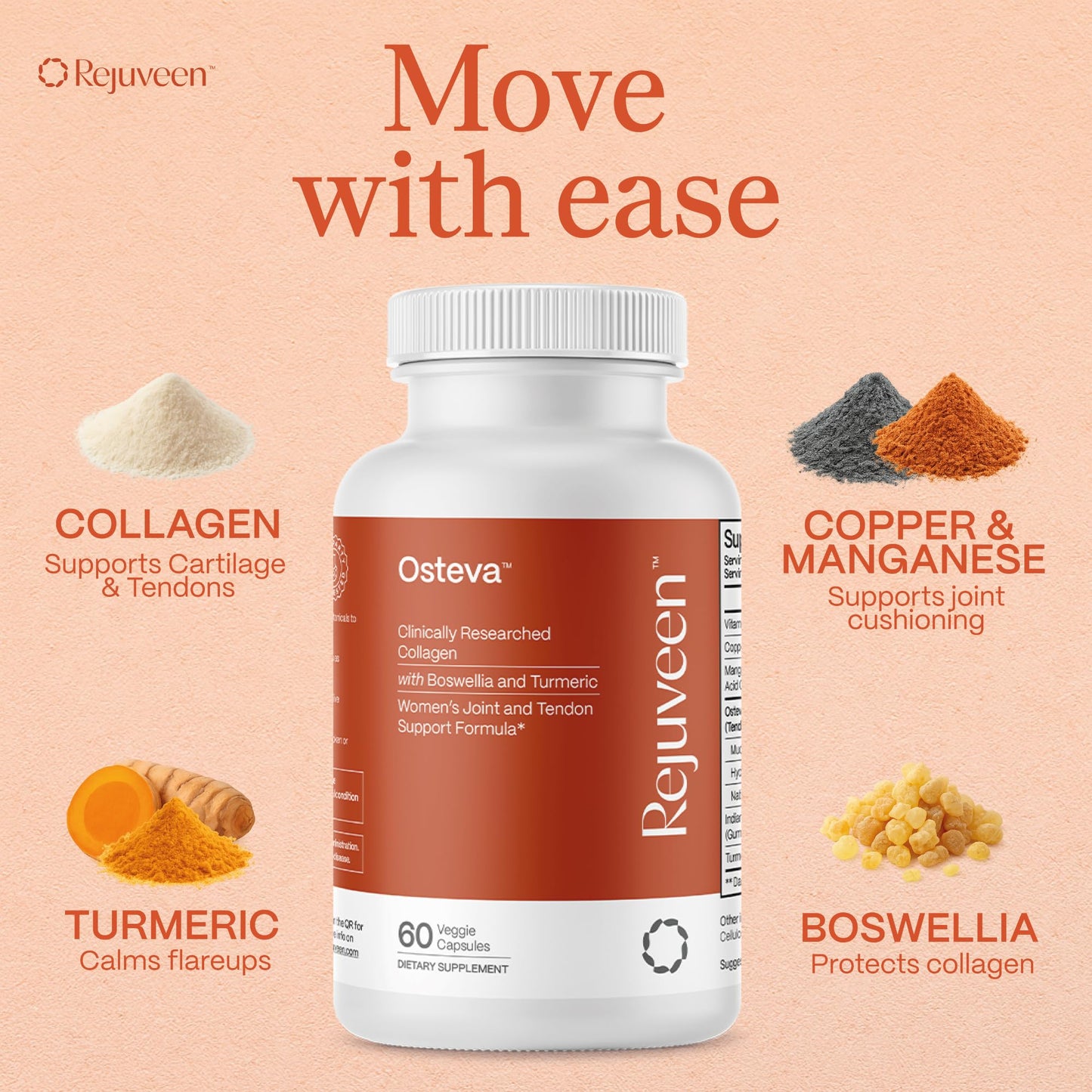 Rejuveen Osteva Joint Support – High Potency Collagen, Turmeric & Boswellia | 60 Count | Non-GMO