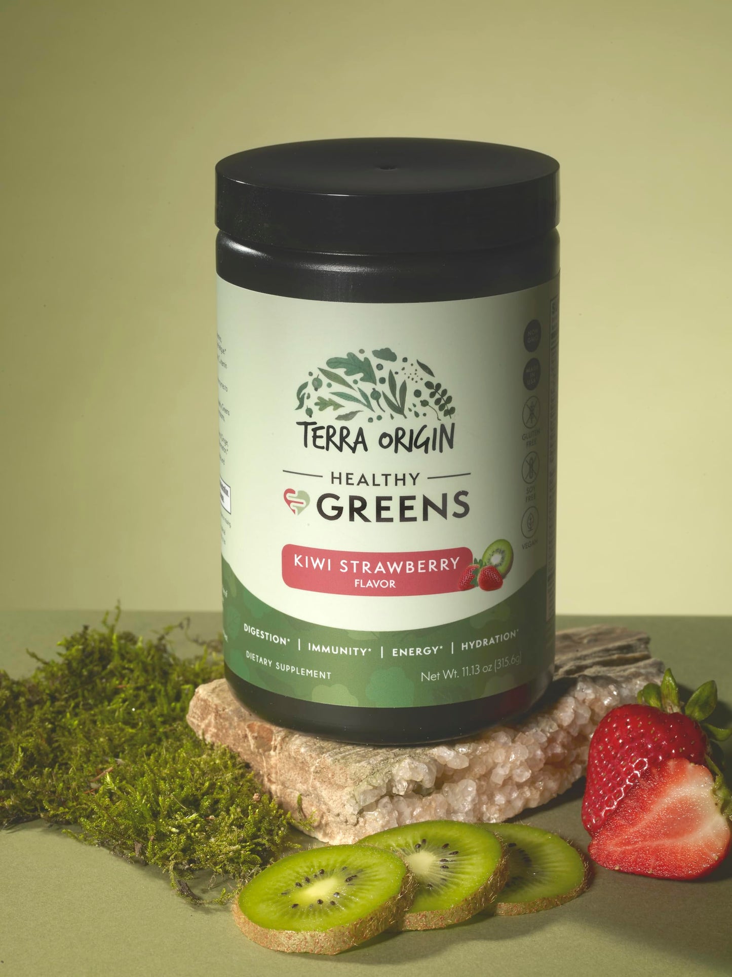 TERRA ORIGIN Healthy Greens Powder Blend | Immune & Digestive Health Support | Kiwi Strawberry | 30 Servings