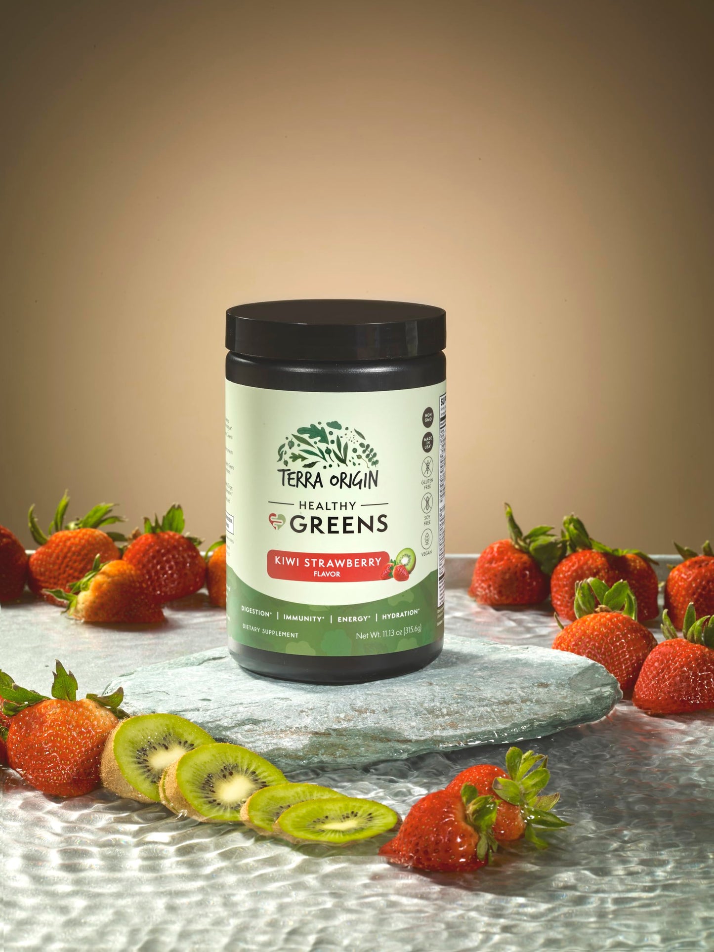 TERRA ORIGIN Healthy Greens Powder Blend | Immune & Digestive Health Support | Kiwi Strawberry | 30 Servings