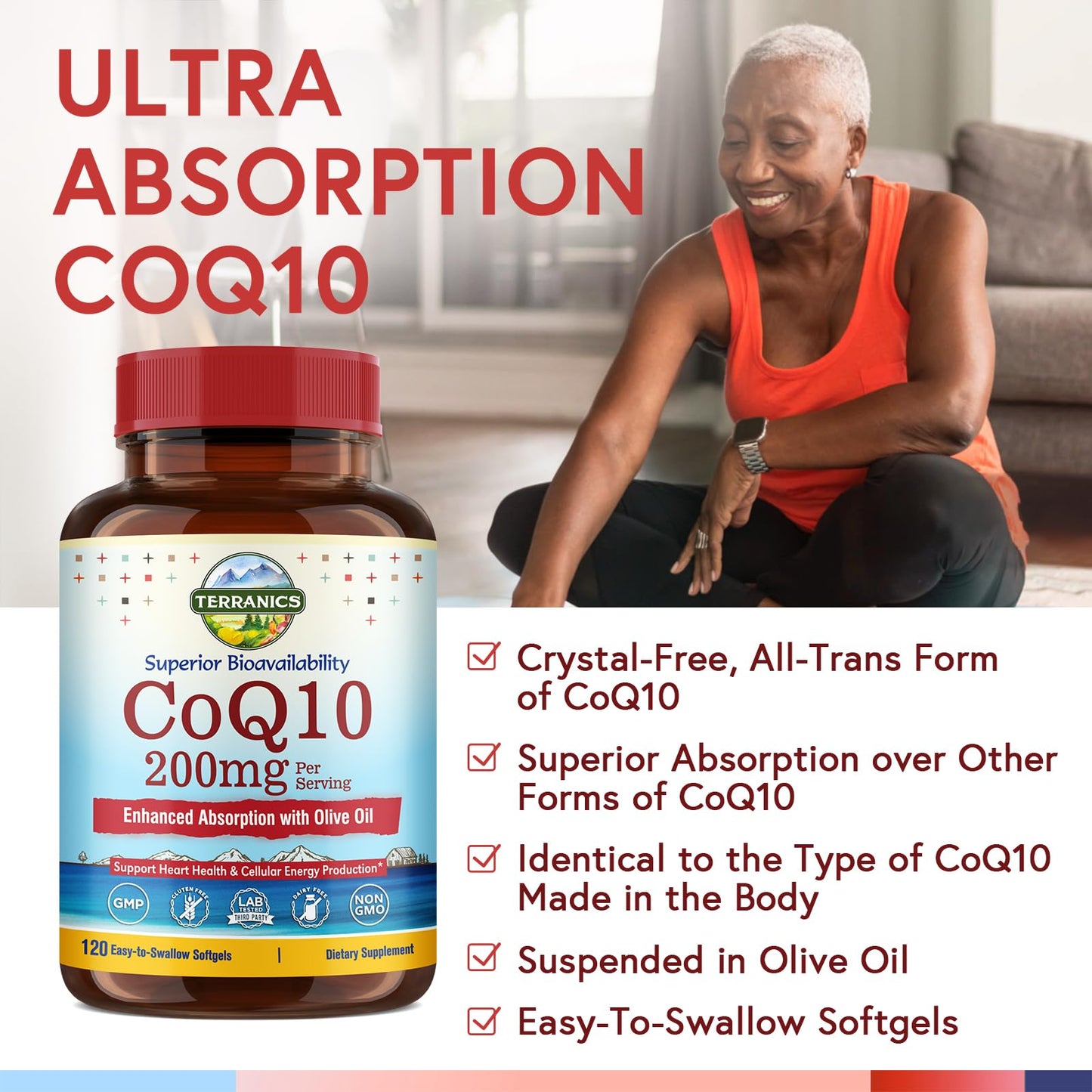 Terranics CoQ10 200mg with Olive Oil – Heart Health, USA Made