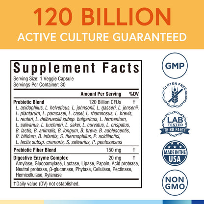 Terranics Probiotics 120 Billion CFU with Prebiotics & Digestive Enzymes | 30 Strains | Non-GMO | No Soy, Dairy & Gluten | 30 Veggie Capsules