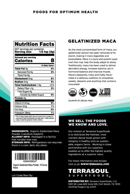 Terrasoul Organic Gelatinized Maca Powder 16oz – Hormone Balance & Energy
