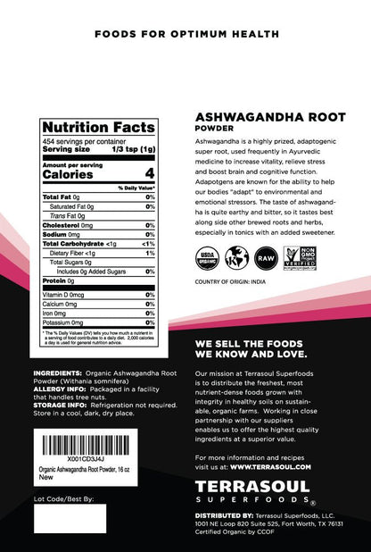 Terrasoul Superfoods Organic Ashwagandha Root Powder 6oz