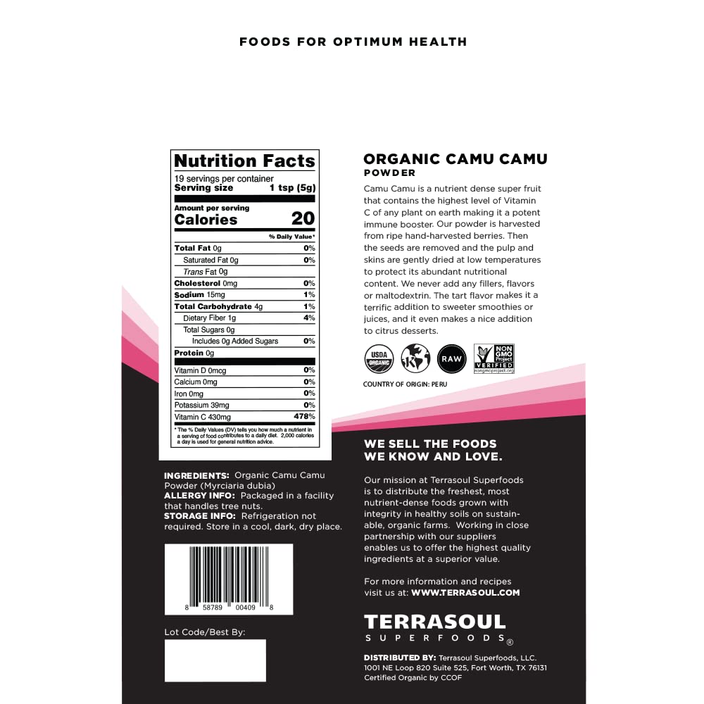 Terrasoul Organic Camu Camu Powder 3.5 oz – Amazonian Superfruit for Immune Support, Vitamin C