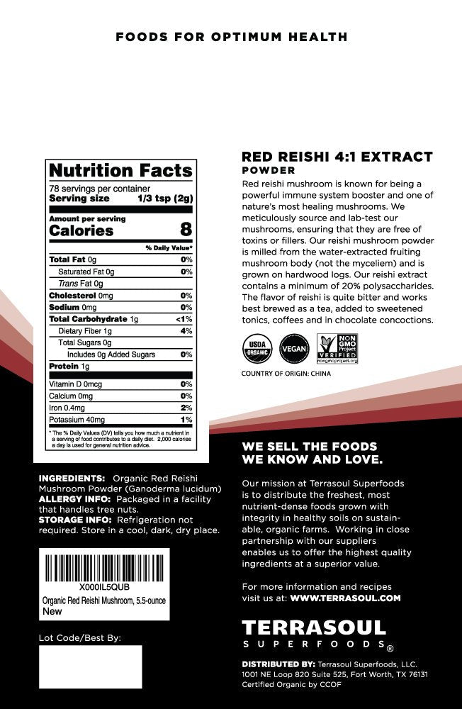 Terrasoul Organic Reishi Mushroom Powder 4:1 Extract (22 oz, 4 Pack) – Immune Support, Sleep & Coffee Enhancer